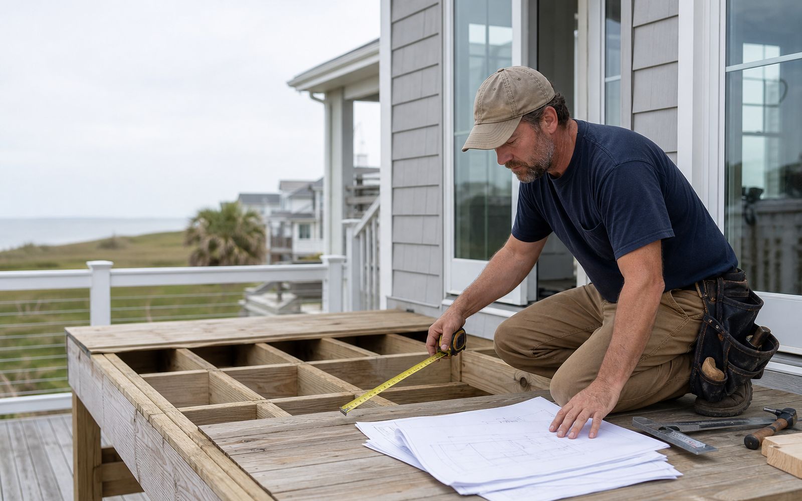 A residential contractor reviewing renovation plans at a worksite