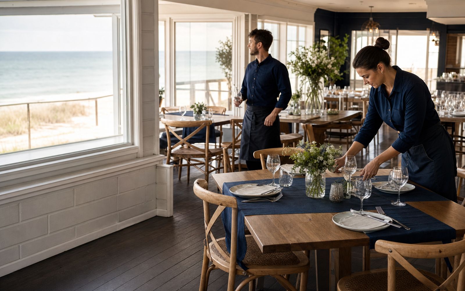 Restaurant staff preparing a venue before opening