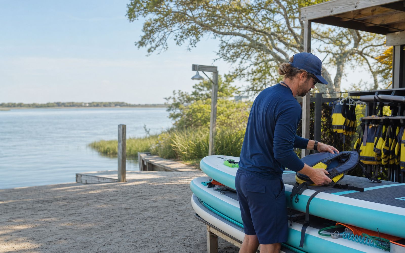 A coastal hospitality employee preparing rental equipment