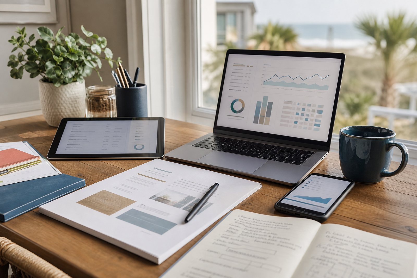Tablet, phone, written project scope, and notes arranged on a coastal workspace.